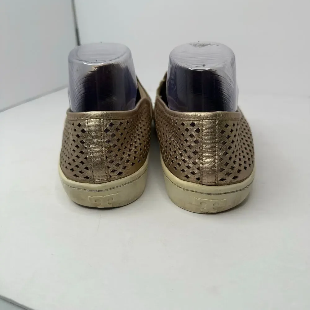 Tory Burch Women size 9.5 Metallic Gold Perforated Leather Slip On Shoes